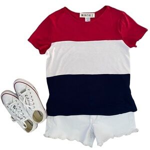 montrez Red, White & Blue Color Block Patriotic Top Women S Small Blouse